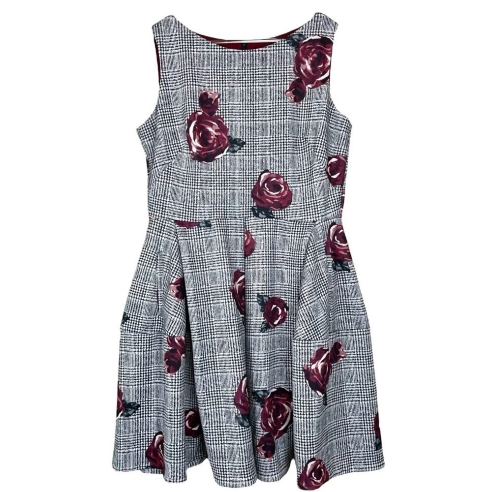 Roz & Ali Floral Houndstooth Plaid Print Cocktail Dress Black White Red Size 16